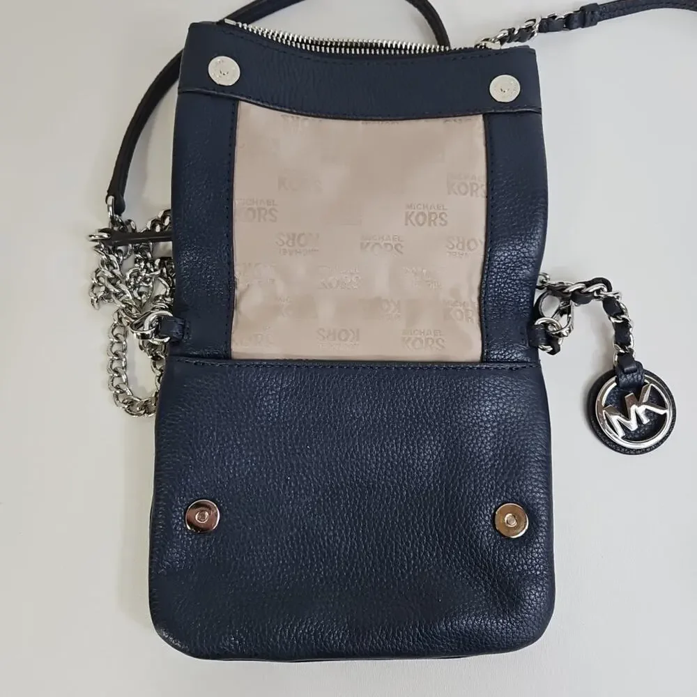 MICHAEL KORS Corinne Pebbled Leather Messenger Bag Flap Crossbody‎ Purse Blue